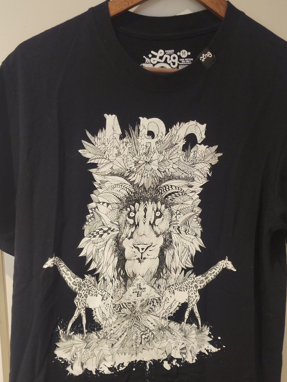 Retro LRG Black Tee with White Intricate Lion & Giraffe Graphic - MEDIUM